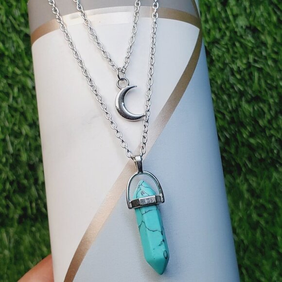 Layered Moon and Aqua Turquoise Healing Crystal Stone Pendant Necklace, BS41089 - Picture 1 of 15
